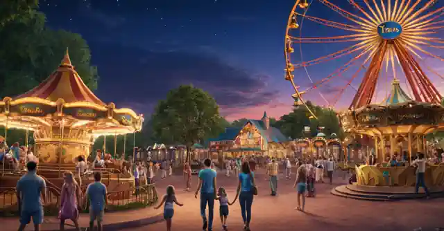 An illustration depicting various family-friend**ty attractions, rides, and amenities within the park.