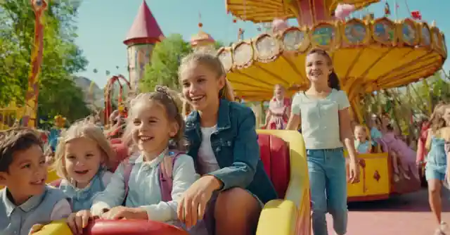 Family exploring in costumes at various themed attractions within a colorful fun park, with smiling children enjoying the rides and activities.