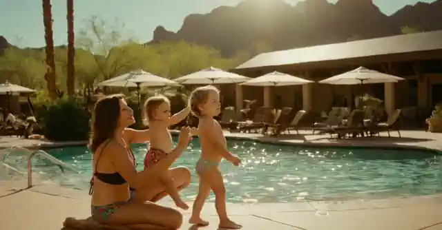 Family playing at the poolside at Watsons Wilderness Resort & Spa in Phoenix.