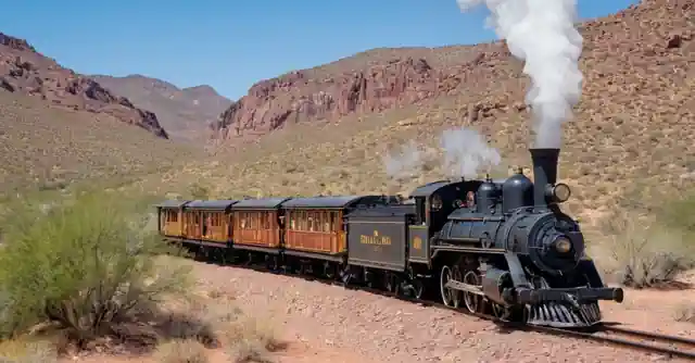 A panoramic view of steam engine on the Daisy Mountain Railroad track in Anthem, Arizona.