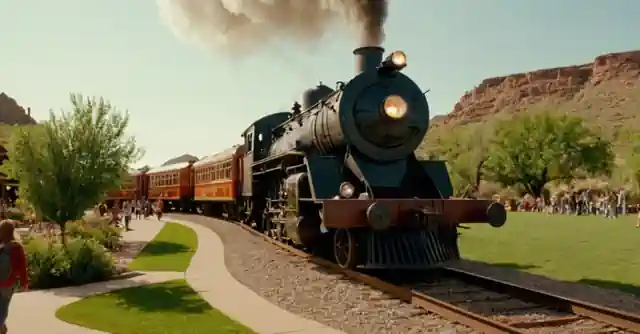 A community park in Anthem showing a group eagerly approaching the historical train.