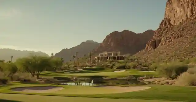 Scene depicting lush golf courses and desert architecture with multicultural families.