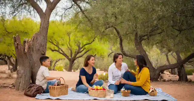 Happy family exploring and picnicking at the scenic trails and gardens of Apache Park.
