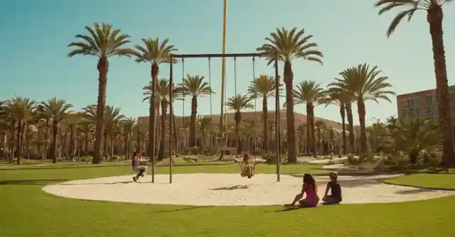 Children playing on swings alongside the palm trees in Arcad circulation park.