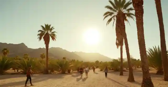 People enjoying the sunny outdoor activities in desert-like conditions surrounded by picturesque palm trees.