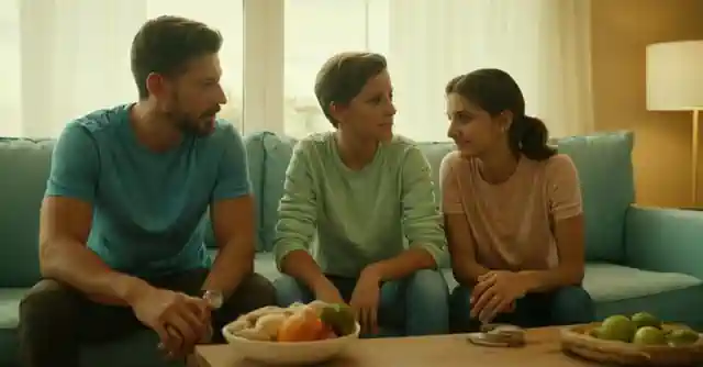 Familia comprobando entradas antes de un partido, mirador alegre y colores vivos.