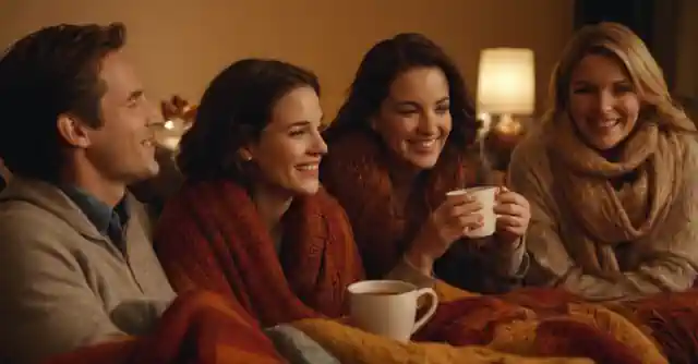 A festive family gathering featuring autumn leaves, warm colors, cozy blankets, hot beverages and laughter.