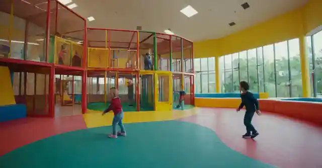 Children playing safely in an enclosed, colorful play area with security guards and monitoring cameras.