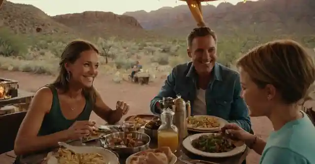 A smiling family dining on unique gourmet cuisine amidst the rustic decor of Backlands Glam Campsite in Williams., AZ.