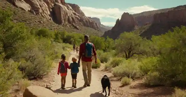 A hiking family enjoying the scenic trails with landmarks indicating wildlife and petroglyphs.