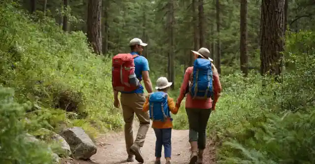 Family enjoying an outdoor adventure at the trails. Suggestions include packing water and snacks, wearing proper hiking gear, respecting wildlife, leaving no trace, checking weather forecasts, using sun protection, informing someone about your travel plan, stick to marked paths and notifying authorities in case of an emergency.