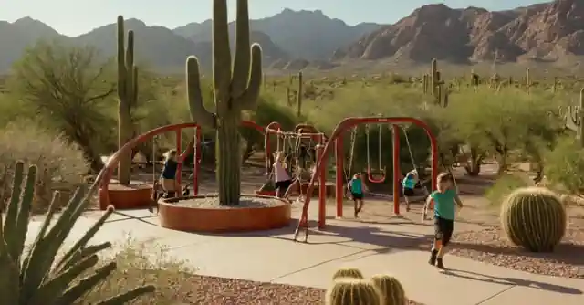 Carefree children playing on innovative playground equipment surrounded by lush desert plant life. This depicts an active and engaging environment where kids can enjoy physical activities amidst the scenic views of natural cacti in Cactus Park, Arizona – a prime choice for organizing a childs birthday party or educational field trip. The diverse recreational options serve various interests and developmental needs to ensure that every youngster finds delight while fostering social interaction, physical fitness, and an appreciation of the outdoors in a region renowned for its unique flora.