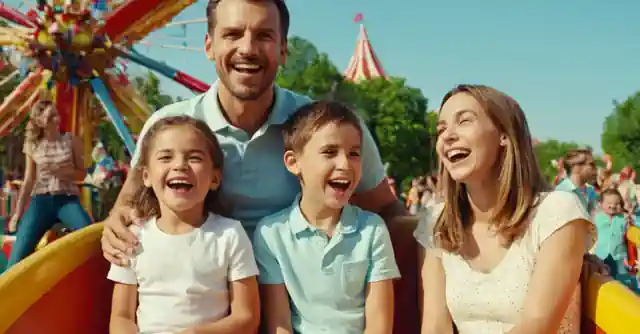 A joyful family in amusement park with diverse activities for children available.