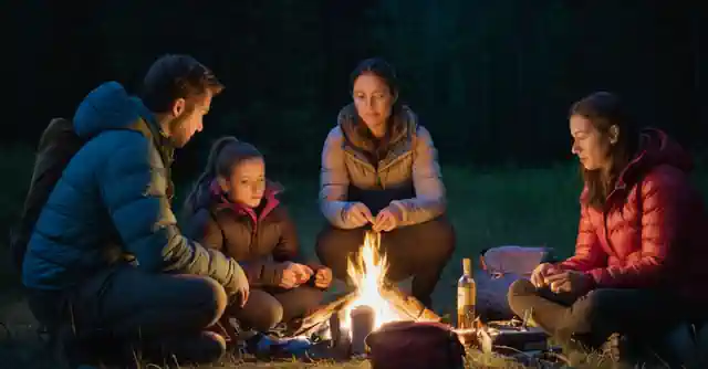 Family assembling camping gear in preparation for night in the wilderness.