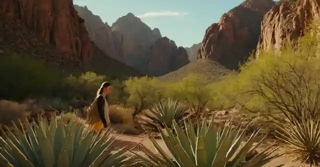 A visitor admiring desert plants in the Cave Creek Canyon near Phoenix.