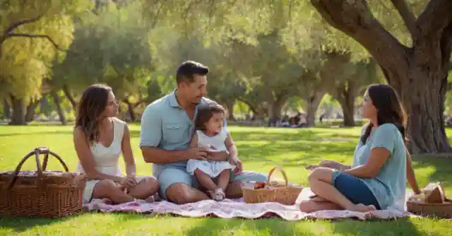 A family enjoying a picnic in the park of Chaparral Park.