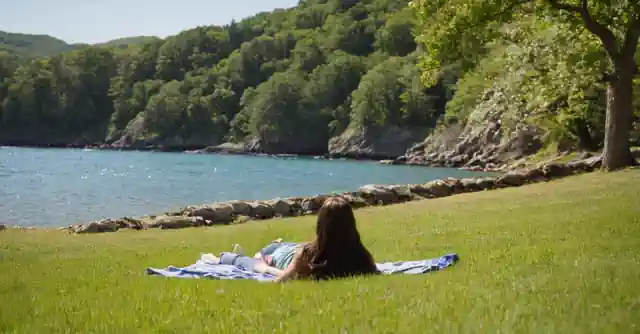 A park visitor relaxing on the grass in Christy Cove Park with natural landscapes around.