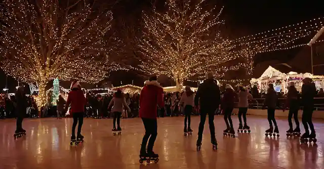Spectacular roller skating event at night featuring festive Christmas lights and music in an urban setting.
