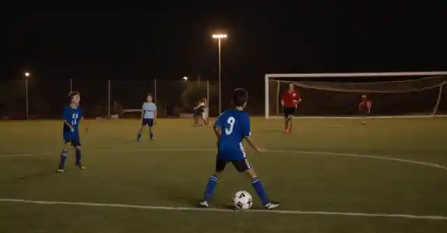 Kids playing soccer under Arizona stars at Phoenix Family Sports Night Event.