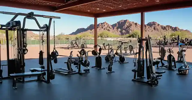 A variety of gym equipment alongside different sports fields at the diverse range of attractions offered by Desert Horizon Park in Scottsdale.