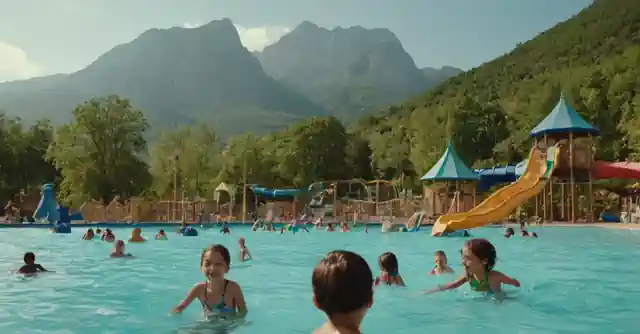 Children playing and swimming at the water park in an amusement island with picturesque views of mountains.