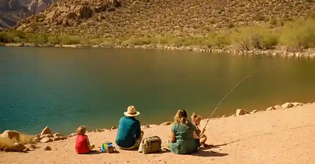 Family enjoying fishing on the shores of Apache Lake with child-friendly rods and bait.