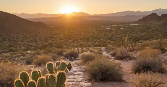 Person hiking in the vibrant desert with various flora and fauna around, located within North America.Further elaboration: The statement Disfruta de la naturaleza en el Parque Desierto Florence Ely Nelson translates to Enjoy nature at Florence Elyneck Nature Park. The park is a location in Arizona, U.S., known for its desert landscapes filled with cacti and various other desert plants and fauna native to the region.Florence Elyneck Nature Preserve offers an abundance of natural features such as hiking trails which pass by interesting geological formations like rock arches created naturally long ago, lush spring water pools that attract a diverse range of wildlife and provides habitats for numerous plant species. This area of Arizona also showcases dramatic changes in color throughout the day adding to its appeal when it comes to visual inspiration for artists.A brief description incorporating all these elements might be, Person hiking on rock paths with vibrant cacti and wildlife around the red desert plains under majestic sunrise or sunset skyline.