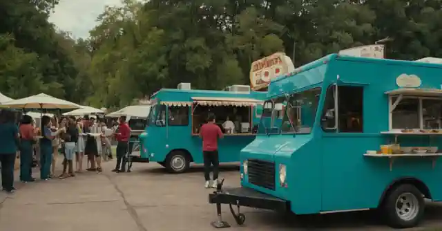 A food truck offering various dishes in the scenic setting of Power Food Park.