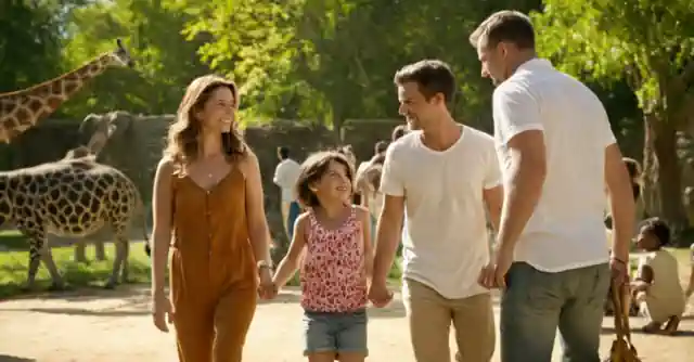 A happy family enjoying free kids activities in a zoo or park with clear sky and a sunny ambiance.