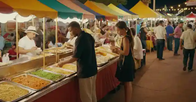A couple sampling diverse dishes at various food stalls around an array of colorful Phoenix cuisine booths.