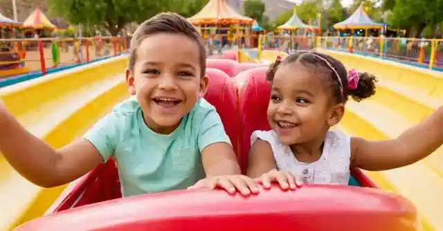 Diverse rides and attractions with happy children at the vibrant Giggles Fun Park in Glendale; a bustling park setting that radiates fun.