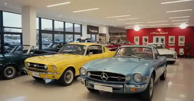 Auto showroom displaying various car evolutions from the 20th century with an informative plaque about their historical development.