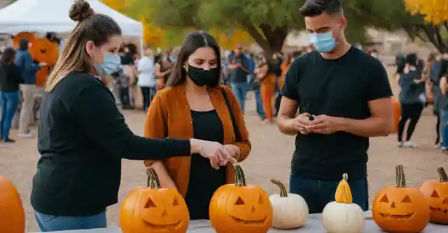 Attendees wearing face masks and practicing social distancing at a Halloween pumpkin carving festival in Tucson.