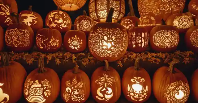 Dialectic graphical of pumpkins being crafted into intricate lantern designs, surrounded by cultural symbols and festival images.