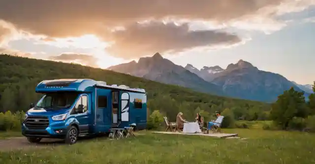 Couple enjoying the luxury camping experience in style RVs at a picturesque location.
