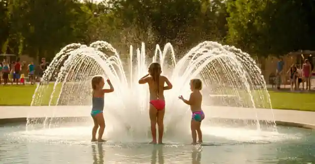 Kids playing in water jets at an innovative SPLASHpad installation.