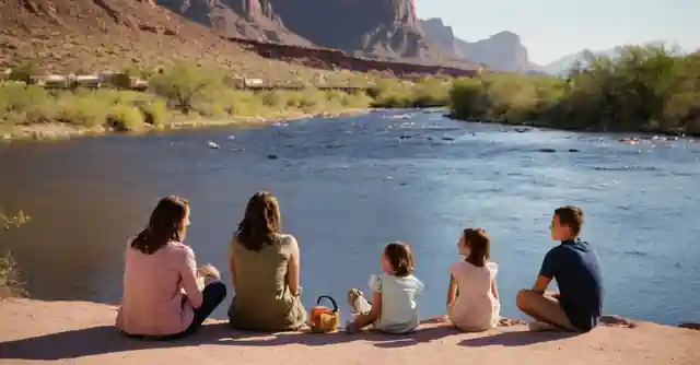 Family enjoying activities by the salt river; illustrated with guideposts for a family.