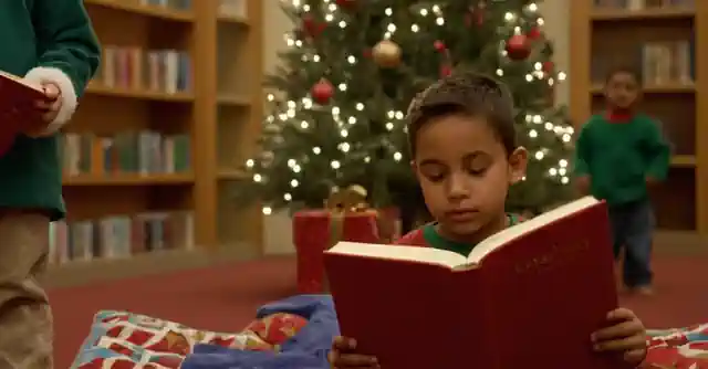 A child reading Christmas storybooks in an Arizona library during holiday events.