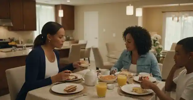 Family enjoying breakfast in the dining area of Sunrise Terrace Apartments.