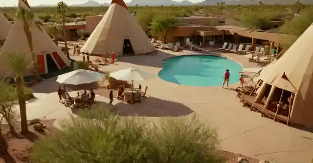A vibrant image featuring a wigwam-shaped hotel amidst the Sonoran desert in Phoenix, with family activities and children playing by a pool.