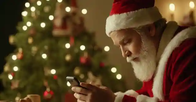 A child composing on a smartphone with an image of Santa Claus in the background.