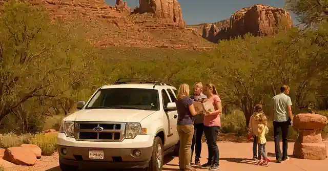 A family enjoying outdoor activities at the entrance of Bearizona while reviewing brochures about visiting.