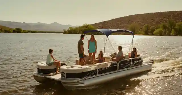 A family enjoys water navigation on Bartlett Lake with a rented pontoon from Rental Pontoons in Bartlett Lake.