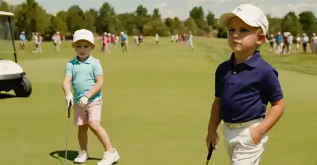 Children aged 3 to 5 years old playing golf in an event attendee on a driving range.
