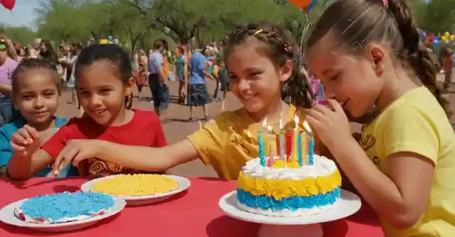 Picture vibrant children at Jambo Park Phoenix on a birthday celebration with numerous colorful event activities around. Note that the Spanish sentence translates to Celebrate your next birthday at Jambo Park Phoenix! Exciting events await you at Jambo Park Phoenix.