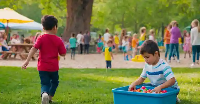 A colorful park filled with kids playing and learning games.