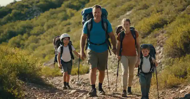 Parents with children hiking on the rugged terrains wearing proper gear.