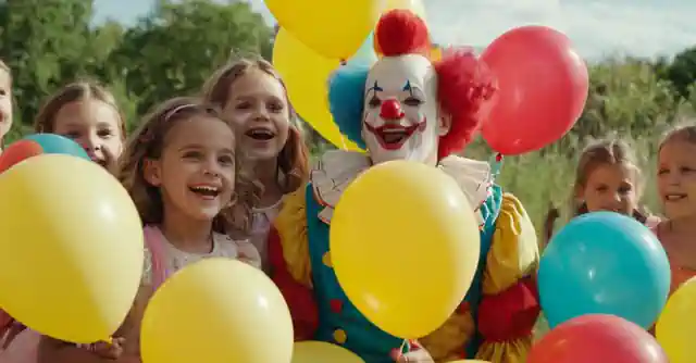 A clown costume next to various vibrant balloons and a group of laughing children.