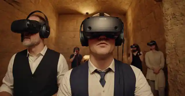 Techniques demonstrating a live VR experience tour through King Tuts tomb with attendees wearing headsets.