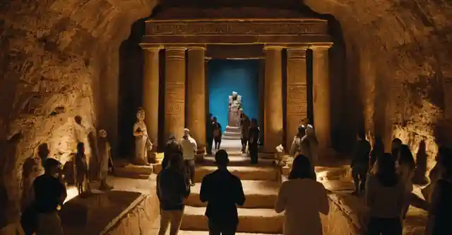 A photo depicting an immersive exhibit where participants are wearing virtual reality headsets and standing beside larger than life models of ancient Egyptian artworks.